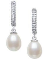 Belle de Mer Cultured Freshwater Pearl (7-8mm) Charm Lab-Created Sapphire (1/6 ct. t.w.) Hoop Earrings in Sterling Silver