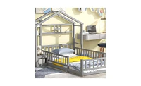 Slickblue Twin Size House-Style Floor Bed with Headboard and Fence Guardrails for Kids Safety