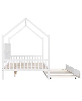 Slickblue Wooden Full Size House Bed with Trundle,Kids Bed with Shelf, White