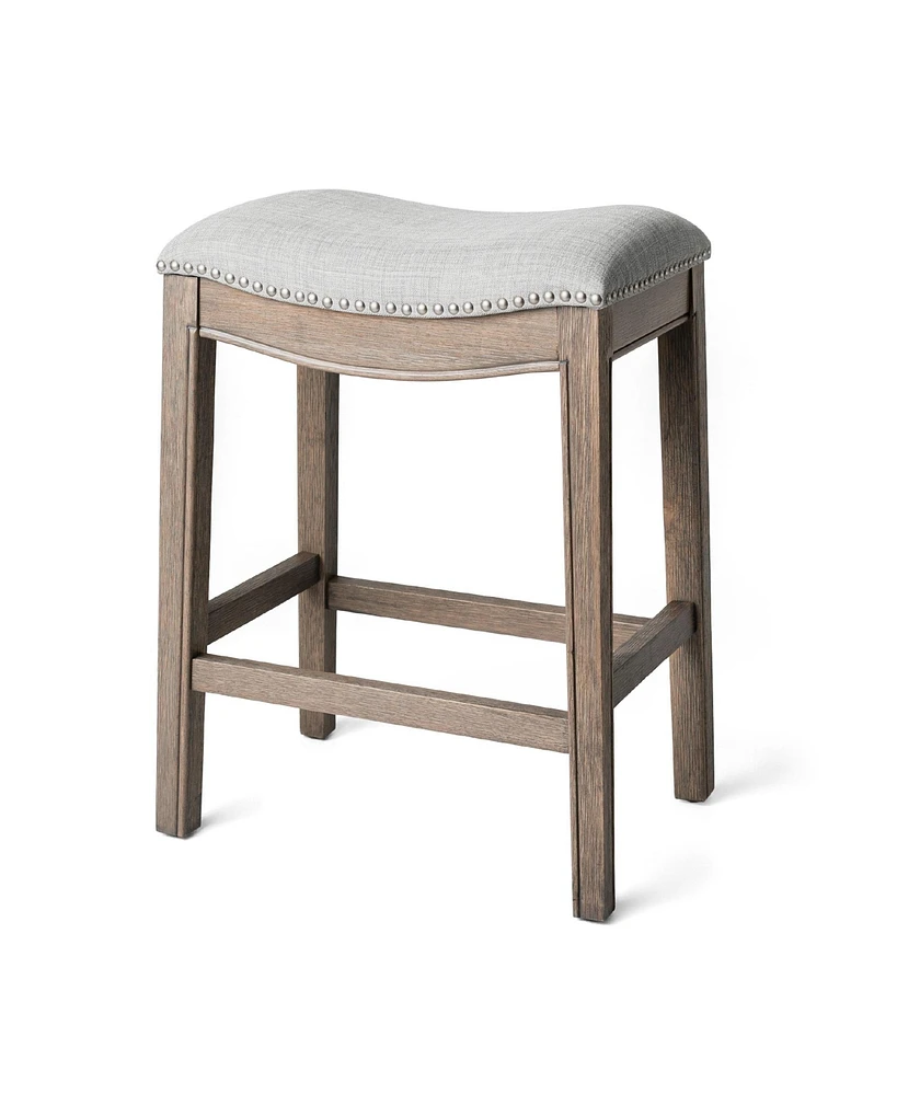 Maven Lane Adrien Saddle Counter Stool in Reclaimed Oak Finish w/ Ash Grey Fabric Upholstery