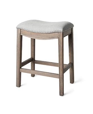 Maven Lane Adrien Saddle Counter Stool in Reclaimed Oak Finish w/ Ash Grey Fabric Upholstery