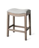 Maven Lane Adrien Saddle Counter Stool in Reclaimed Oak Finish w/ Ash Grey Fabric Upholstery