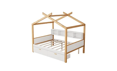 Slickblue White Full Size Wooden House Bed Original Wood Colored Frame with Two Drawers and Bookshelf Storage Space for Children or Guest Room