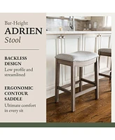 Maven Lane Adrien Saddle Bar Stool in Reclaimed Oak Finish w/ Ash Grey Fabric Upholstery