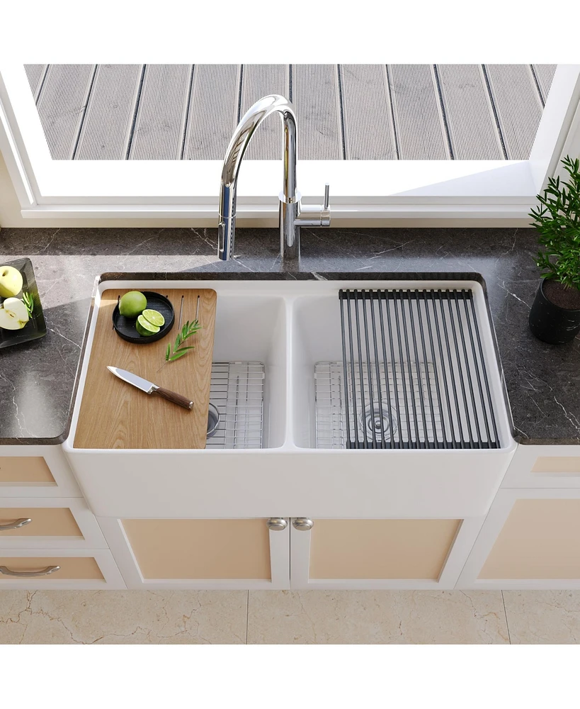 DeerValley 33" L X 20" W Rectangular Workstation Farmhouse Kitchen Sink, Shatter-Resistant