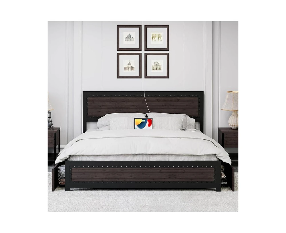 gaomon Bed Frame with Headboard, Industrial Platform Bed Frame with 4 Storage Drawers and Charge Station, Metal Slats Support