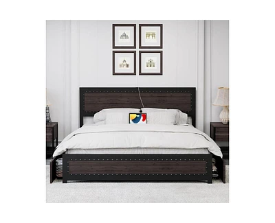 gaomon Bed Frame with Headboard, Industrial Platform Bed Frame with 4 Storage Drawers and Charge Station, Metal Slats Support