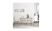 Slickblue Silver Iron Glass Dining Table with Four Chairs, Mdf Cushions for Modern Dining Room