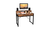 Slickblue Old Wood Table Top with Black Steel Frame and Particle Board, Featuring Two Small and Two Large Drawers Versatile Computer and Study Desk