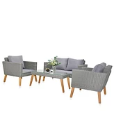 Slickblue 4 Piece Outdoor Patio Furniture Set, Resin Rattan and Acacia Wood Chairs Conversation Furniture Set for Backyard Balcony Deck