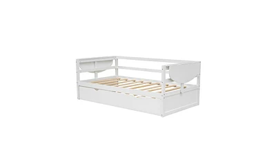 Slickblue Twin Size Daybed with Trundle and Foldable Shelves on Both Sides,White