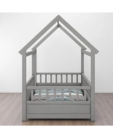 Slickblue Twin Floor Wooden Bed with House Roof Frame, Fence Guardrails