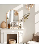 LuxenHome 34-Inch Tall Arch Natural Rubberwood Scalloped Frame Wall Mirror