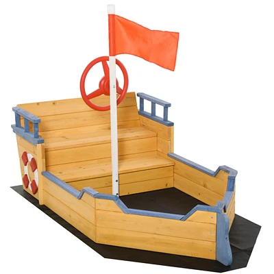Wooden Kids Pirate Sandbox, Outdoor Sandboat with Bench Seats, Storage, Non-Woven Fabric Cloth for Backyard, Lawn