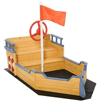 Wooden Kids Pirate Sandbox, Outdoor Sandboat with Bench Seats, Storage, Non-Woven Fabric Cloth for Backyard, Lawn