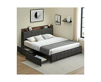 gaomon King Size Bed Frame with 2 Storage Drawers and Charging Station, Rustic Linen Upholstered Platform Bed Frame with Storage Headboard, Gray