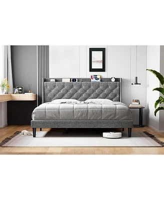 gaomon King Size Bed Frame with Charging Ports & Storage Shelf, Upholstered Platform Bed with Wingback Headboard, No Box Spring Needed, Gray