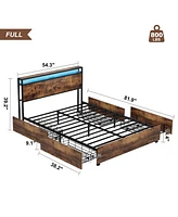 gaomon Full Size Bed Frame with Storage Headboard & 4 Drawers, Industrial Wood Platform Bed with Led Headboard and Usb Outlets, Strong Slat Support, E