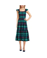 Lands' End Women's Drapey Flannel Smocked Midi Dress with Ruffle Strap