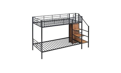 Slickblue Twin Over Twin Metal Bunk Bed with Lateral Storage Ladder and Wardrobe for Space Efficiency