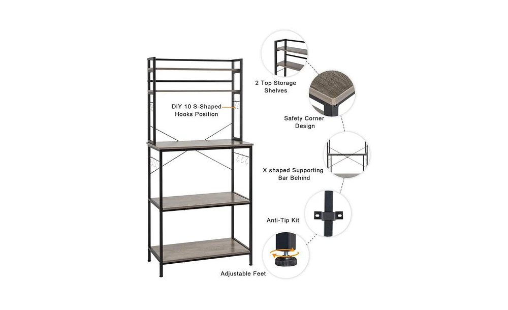 Slickblue 5-Tier Kitchen Bakers Rack with 10 S-Shaped Hooks – Rustic Gray