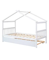 Slickblue Twin Size Wooden House Bed with Twin Size Trundle, White