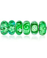 Bling Jewelry Mixed Set Of 6 Bundle Translucent Shades Green Swirl Floral Murano Glass Charm Bead Spacer .925 Sterling Silver Core Fits Europ