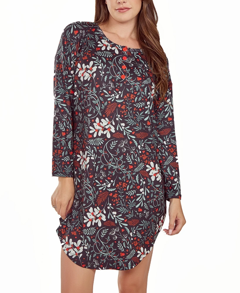 iCollection Women's Long Sleeve Ultra Soft Floral Print Sleepshirt Nightgown