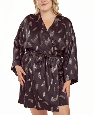 iCollection Plus Silky Self Tie Robe Feather Print