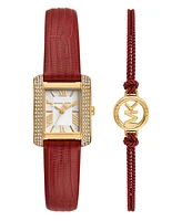 Michael Kors Women's Emery Three-Hand Red Leather Watch 22mm and Bracelet Cny Gift Set