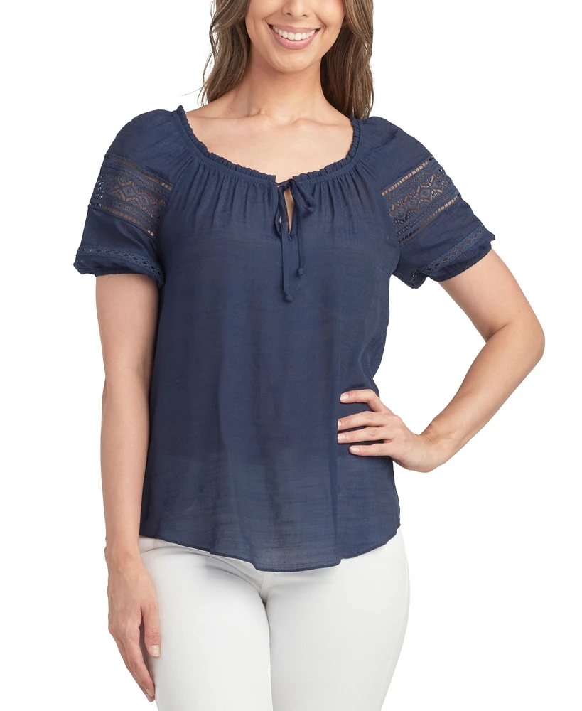 Bcx Juniors' Scoop-Neck Lace-Trim Puffed-Sleeve Top