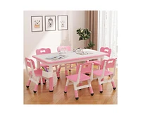 gaomon Kids Table and Chair Set 12060 Cm, Height Adjustable Toddler Table and 6 Chairs Set for Ages 2-10, Graffiti Desktop, Non-Slip Legs,Dark Pink