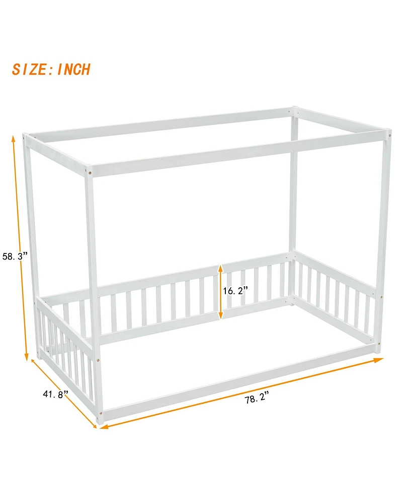 Slickblue Twin Size White Canopy Floor Bed Frame with Fence and Guardrails
