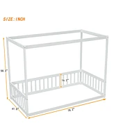 Slickblue Twin Size White Canopy Floor Bed Frame with Fence and Guardrails