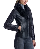 Julia & Stella by Maximilian Women's Leather Jacket with Curly Lamb Collar