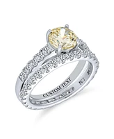 Bling Jewelry 1 Ct Canary Yellow Cubic Zirconia Round Princess Cut Solitaire Cathedral Setting Thin Eternity Pave Band Cz Ring Set .925 Sterling Silve