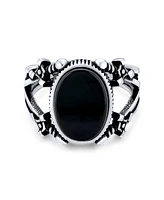 Bling Jewelry Unisex Urban Biker Jewelry Large Statement Oval Flat Natural Black Onyx Signet Double Sword Ring For Men Oxidized .925 Sterling Silver