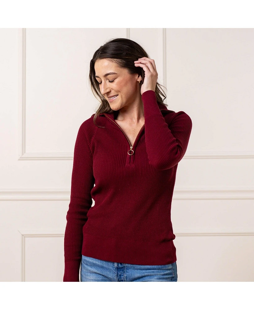 Hope & Henry Women's Organic Long Sleeve Fine Gauge Rib Knit Half Zip Sweater