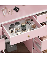 Famapy Pink Modern Makeup Vanity Desk 9-Drawers Wood Dressing Table with 3 Mirrors, Hidden Storage Shelves, Led Lighted Lights