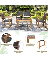Sugift 4 Pieces Outdoor Patio Rattan Furniture Conversation Sets with Acacia Wood Frame
