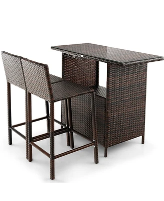 Sugift 3 Pieces Outdoor Wicker Bar Set with 3 Rows Stemware Racks