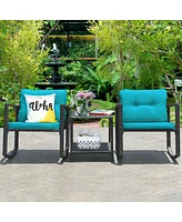 Sugift 3 Pieces Cushioned Patio Rattan Set with Rocking Chair and Table