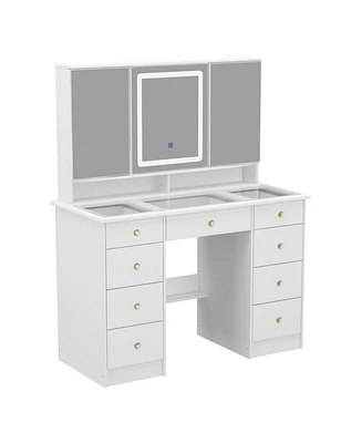 Homsee White Makeup Vanity Desk 9 Drawers Wood Dressing Table With 3 Mirrors, Glass Top, Hidden Storage Shelves, Led Lighted