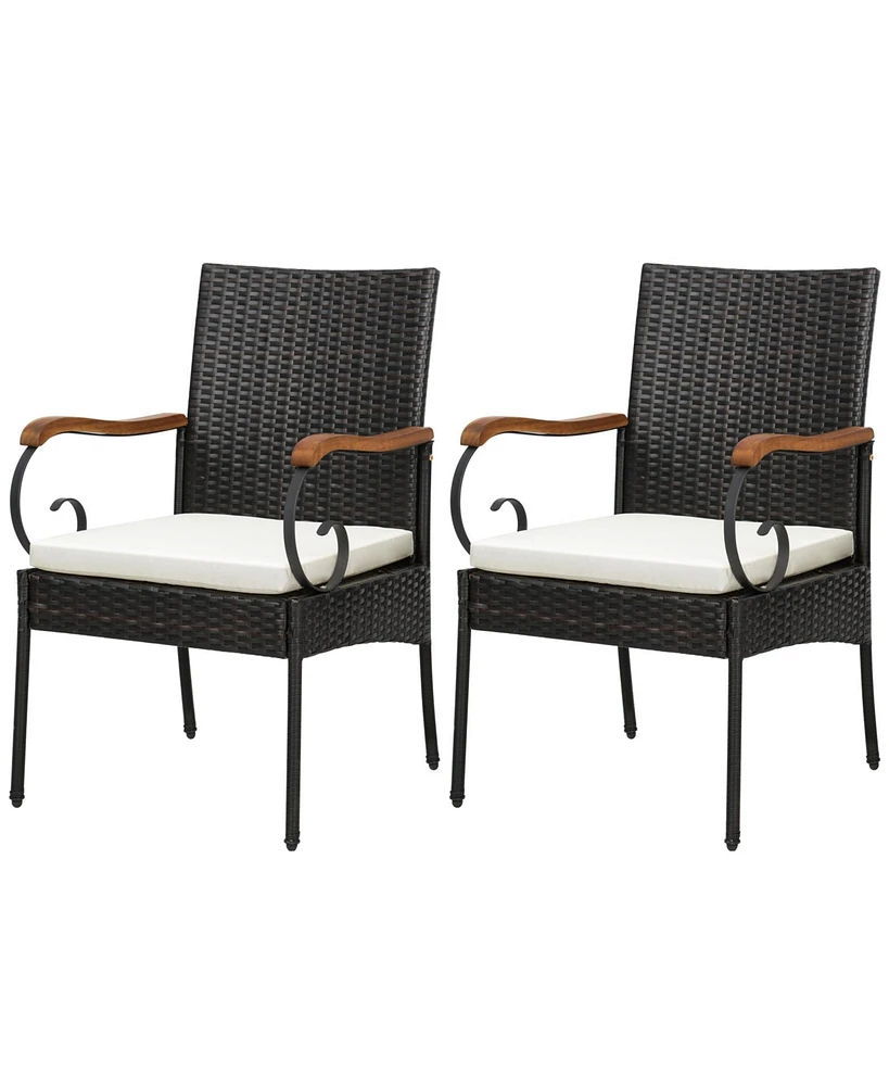 Skonyon Set of 2 Outdoor Pe Wicker Chair with Acacia Wood Armrests