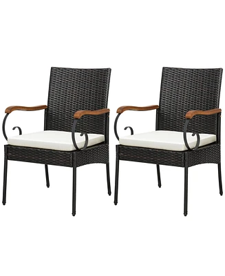 Skonyon Set of 2 Outdoor Pe Wicker Chair with Acacia Wood Armrests