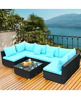 Sugift 7 Pieces Sectional Wicker Furniture Sofa Set with Tempered Glass Top-Blue