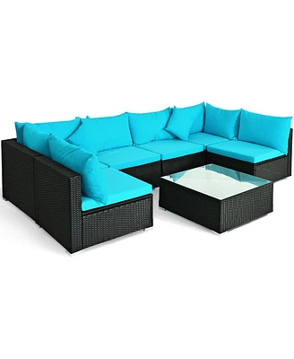 Sugift 7 Pieces Sectional Wicker Furniture Sofa Set with Tempered Glass Top-Blue