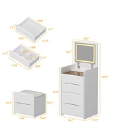 Famapy White Makeup Vanity Sets Dressing Chest with Flip-top Mirror, 3-Drawers, See-Through Glass Top, Led Lights and Stool