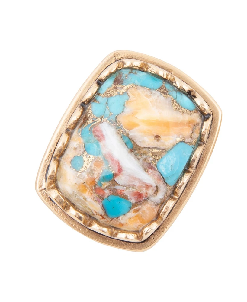 Barse Cocktail Genuine Turquoise Spiny Oyster Matrix Bronze Rectangle Ring