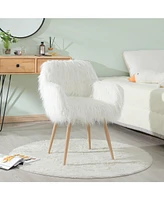 Slickblue White Faux Fur Upholstered Makeup Chair and Side Dining Chair with Metal Legs for Stylish Seating